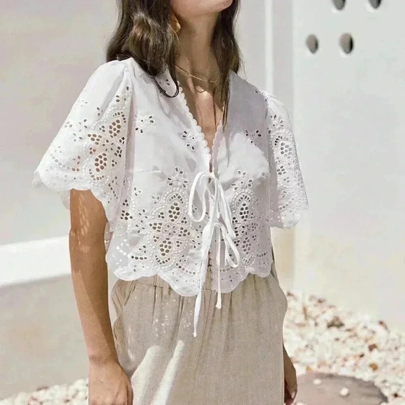 White Boho Women's Summer Ruffle Sleeve Embroidery Fabric Lace Up Short Top - Picture 5 of 6